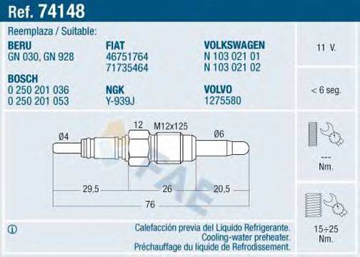 FAE 74148 Свічка розжарювання; Свічка розжарювання, електр. обігрів