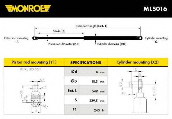 MONROE ML5016 Газова пружина, кришка багажника