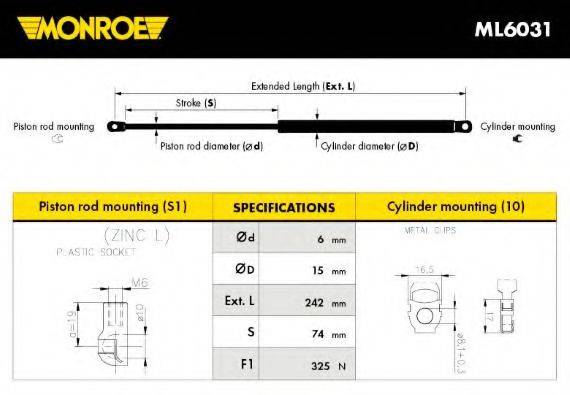 MONROE ML6031 Газова пружина, капот