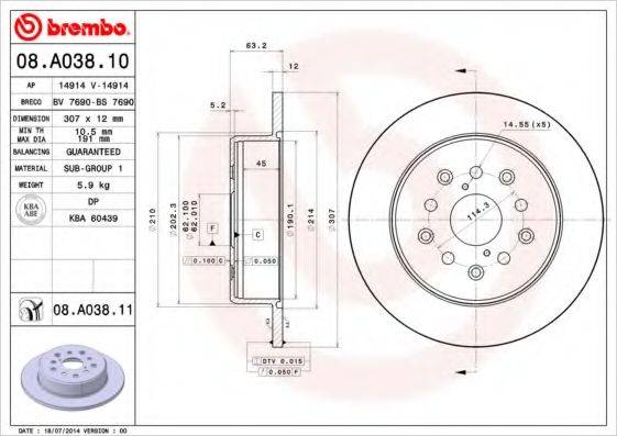 BREMBO 08A03810 гальмівний диск