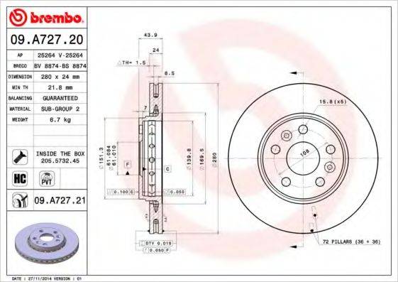 BREMBO 09A72721 гальмівний диск